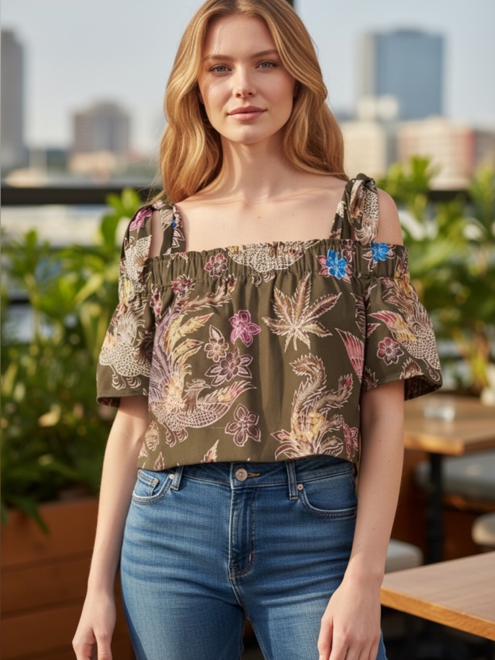 Sandro Olive Floral Off-Shoulder Tie-Strap Top